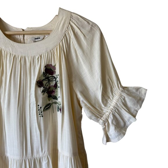 Max Dress Sm/Md Ivory Floral Embroidery Ruffled Short Sleeves Pockets Tiered - Picture 6 of 15